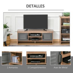 Mueble de TV para Televisores de 42'' con 2 Compartimentos Cerrados con Puertas de Metal y 2 Estantes Abiertos Mueble de salón moderno Mesa para televisor 109x35x38 cm Madera Natural y Gris