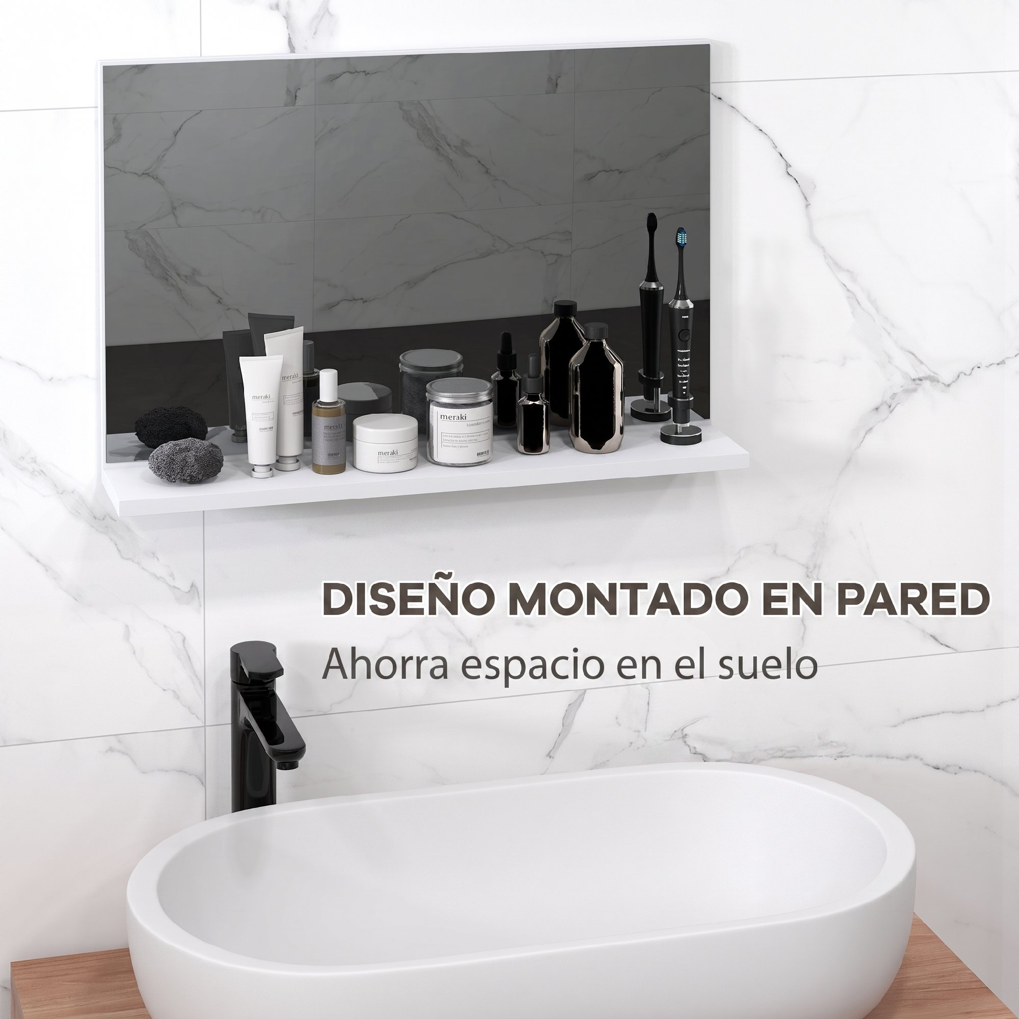 Espejo de Baño con Estante Abierto, Espejo de Pared, Estilo Moderno, para Entrada, Pasillo, 60x12x40 cm, Blanco
