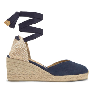 Alpargata con cuña 7 cm en lona de algodón con pala en v y cintas al tobillo