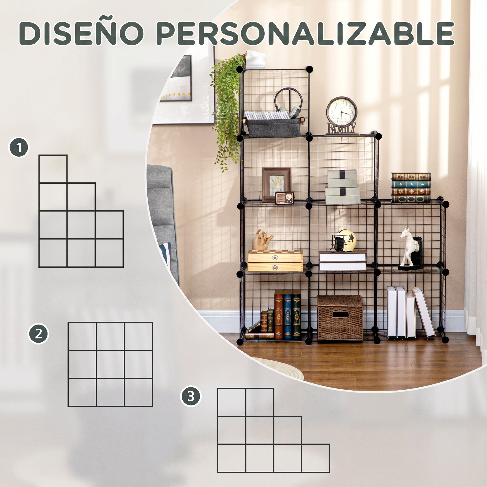 Estantería Modular de 9 Cubos, Estantería Apilable de Alambre DIY, Organizador de Almacenamiento Multiuso, para Salón, Dormitorio, Negro