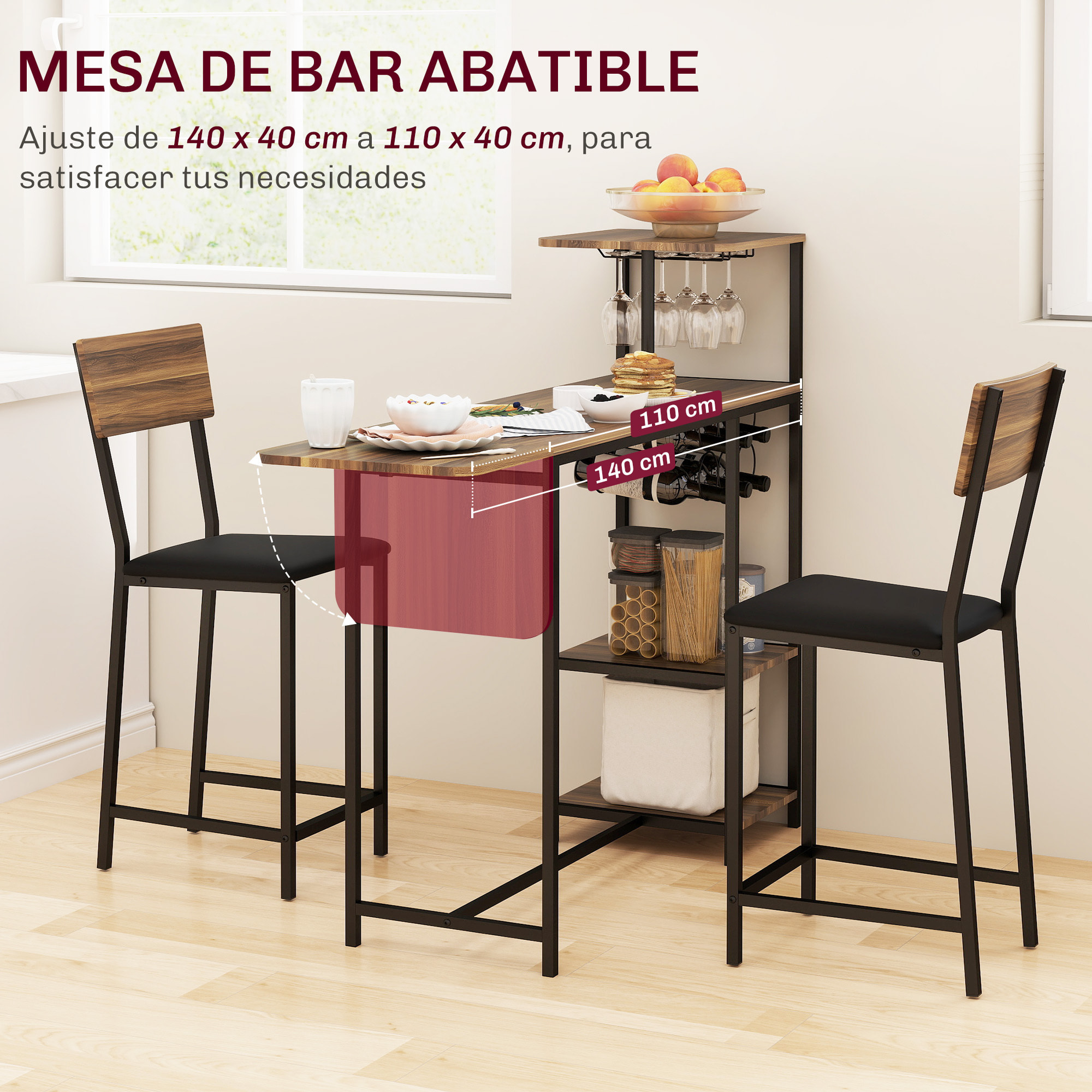 Juego de Mesa y Taburetes de Bar Mesa Alta de Cocina con 2 Taburetes Laterales Abatibles Soporte para Vinos y Estantes Estilo Industrial Marrón y Negro