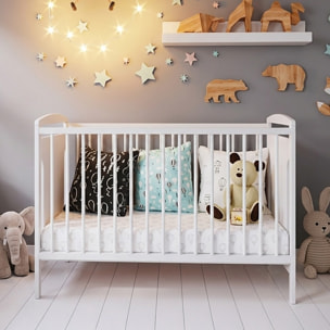 Lit Bébé Évolutif Margot 60x120 cm en Bois, Blanc, Sommier Réglable 3 Hauteurs, Barreaux Amovibles