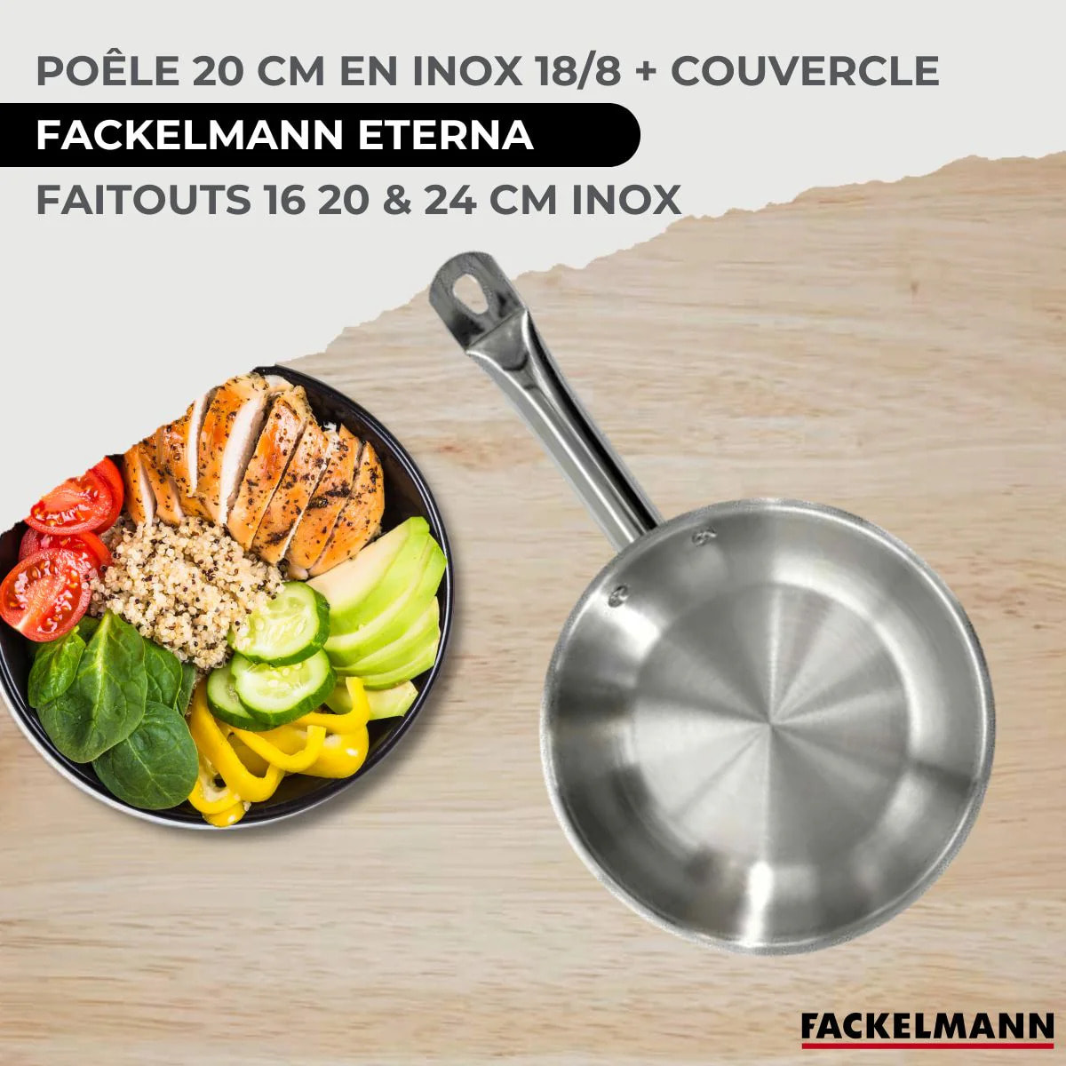 Set 1 poêle 20 cm en inox et couvercle, 3 faitouts inox 16, 20 et 24 cm et 6 ustensiles inox Fackelmann Eterna