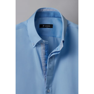 Camicia Uomo 2 Bottoni Button Down Slim Satin Unito Celeste