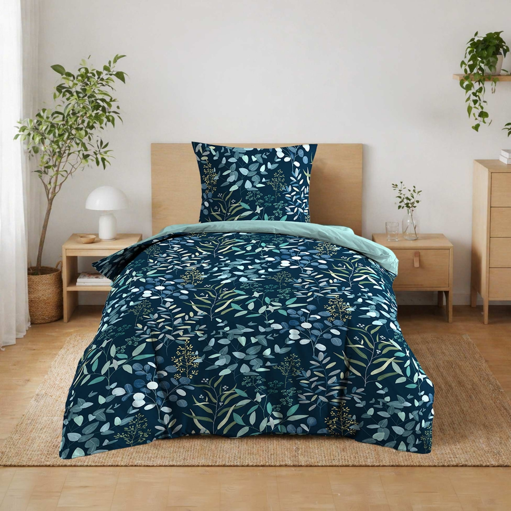 Parure de lit 2 pièces 100 % coton imprimé à motif végétal housse + taie - Bleu