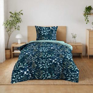 Parure de lit 2 pièces 100 % coton imprimé à motif végétal housse + taie - Bleu