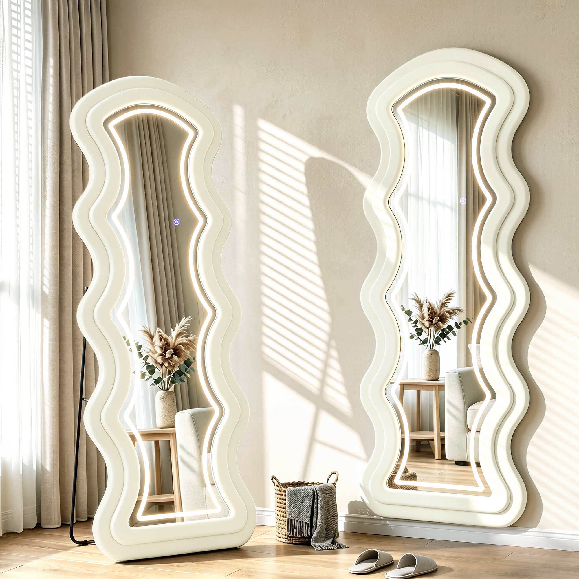 Miroir LED ondulé pleine longueur 160x60cm 3 couleurs cadre effet velours crème