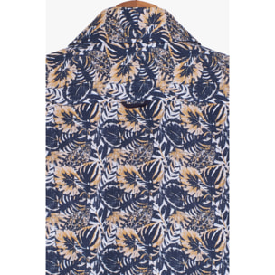Camicia Uomo 2 Bottoni Button Down 7bottoni Doppio Coll Popeline Stampato Blu e Arancio Chiaro