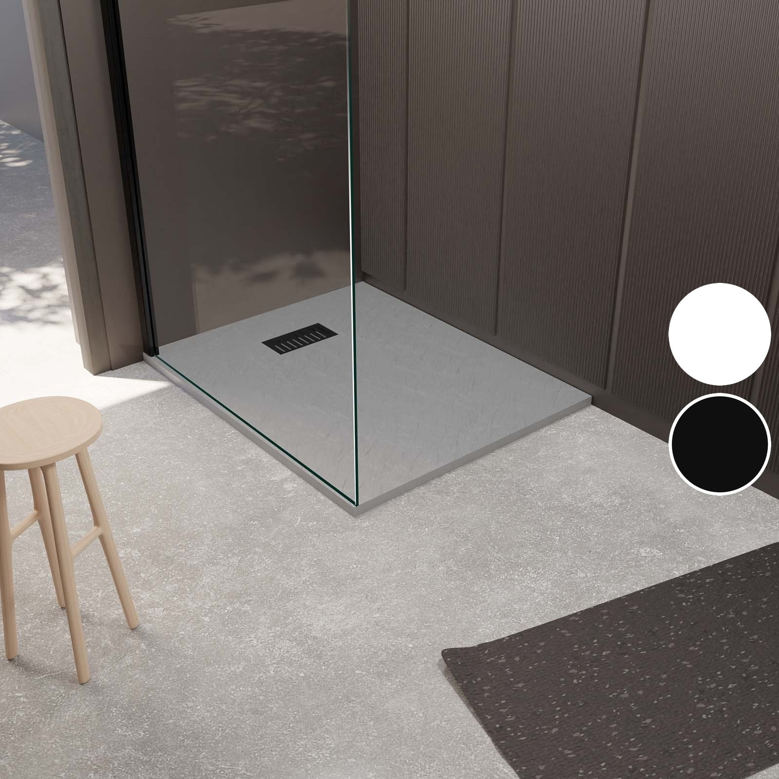 Receveur de douche Gris Effet Pierre 80x100 cm et Grille décor Linéaire Noire Mate