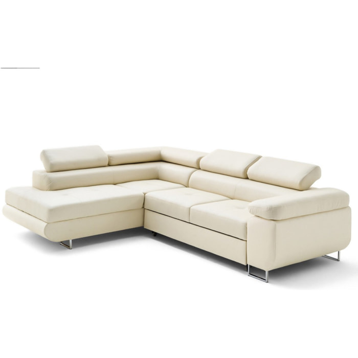 Zaria - canapé d'angle gauche 5 places convertible avec coffre et têtières en simili - Beige