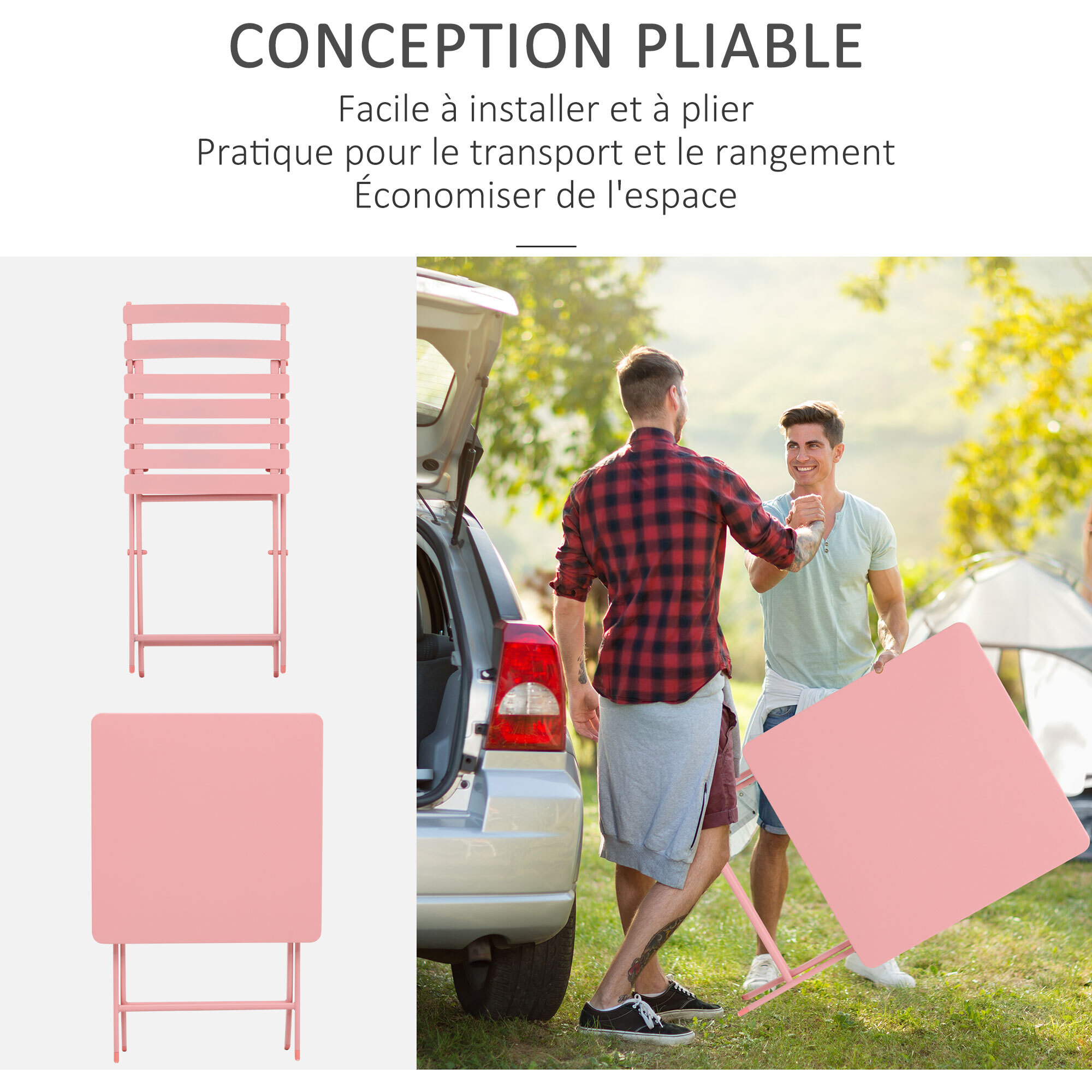 Salon de jardin bistro pliable - table carrée dim. 60L x 60l x 71H cm avec 2 chaises - métal thermolaqué rose