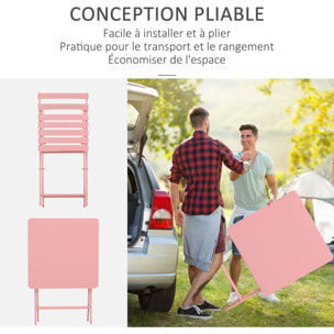 Salon de jardin bistro pliable - table carrée dim. 60L x 60l x 71H cm avec 2 chaises - métal thermolaqué rose