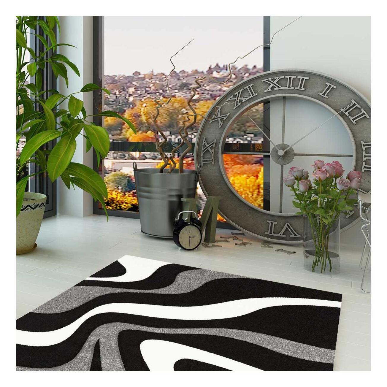 tapis salon 160x230 tissé noir rectangle motif rond TODILA