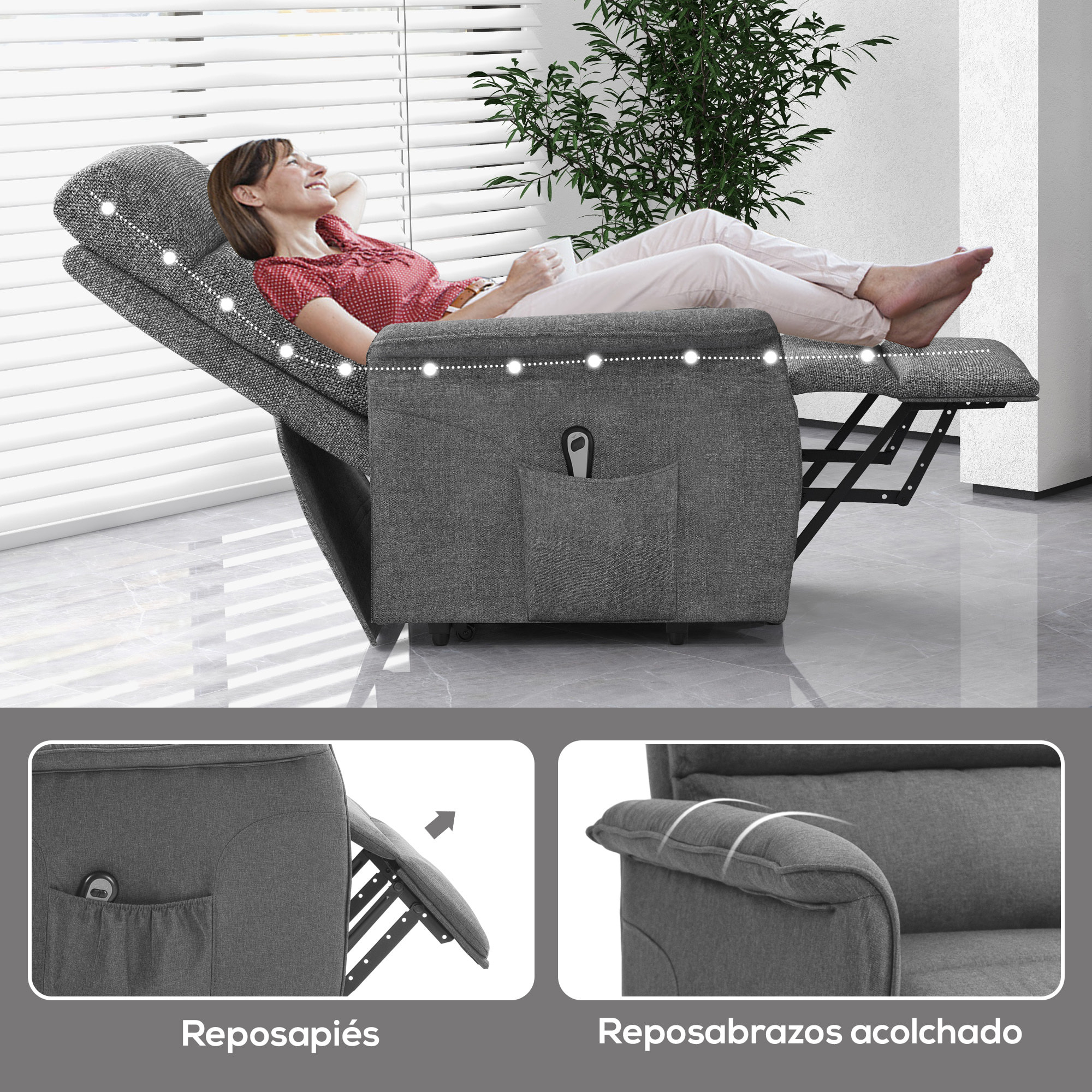 Sillón Relax Reclinable Eléctrico Sillón Levanta Personas con Mando a Distancia y Bolsillo Lateral Sillón Elevador para Salón Dormitorio Gris