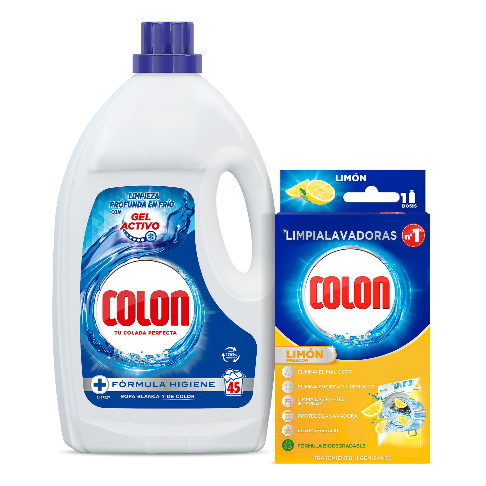 PACK COLON DETERGENTE GEL ACTIVO 45D + LIMPIALAVADORAS LIMÓN 250ML