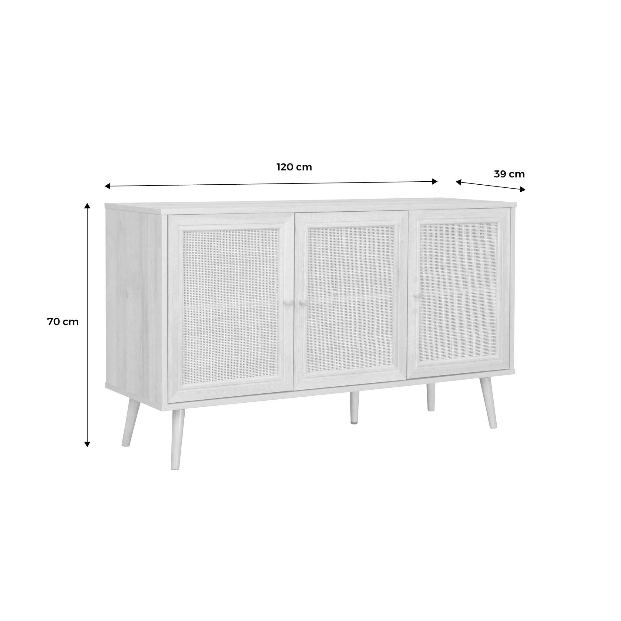 Buffet de rangement en cannage. blanc 120x39x70cm  - Bohème - 2 niveaux. 3 portes. pieds scandinaves. buffet bas