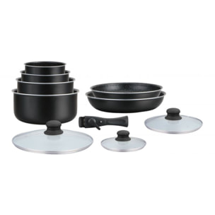 Batterie de cuisine revêtement pierre avec manche amovible 10 pieces noir Hagen HA04630-BLK