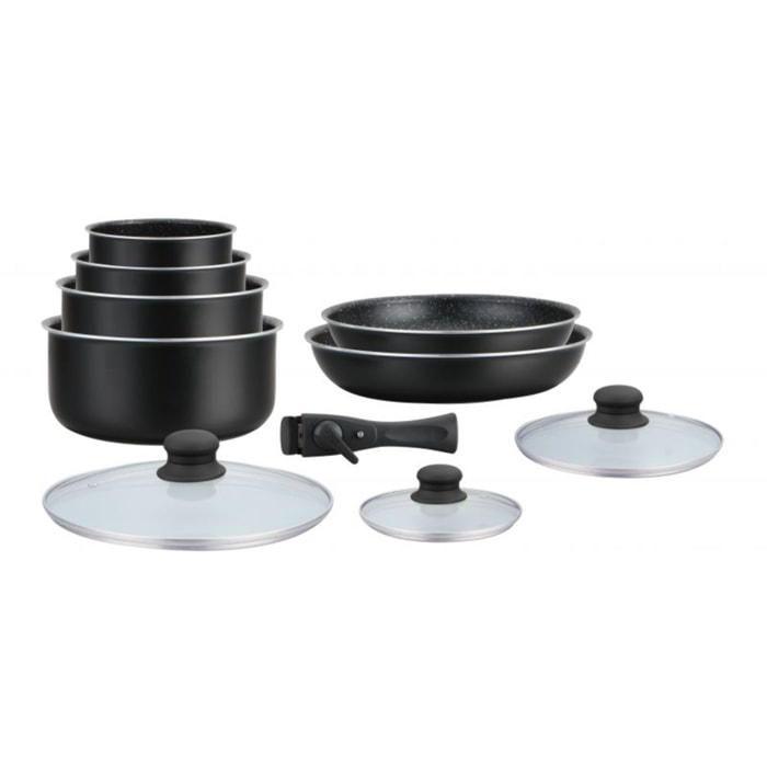 Batterie de cuisine revêtement pierre avec manche amovible 10 pieces noir Hagen HA04630-BLK