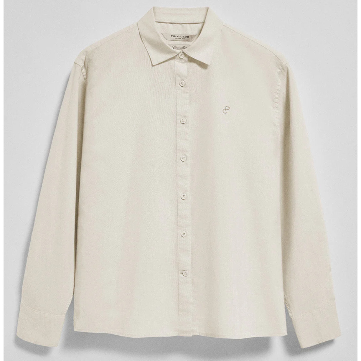 Camisa beige loose fit de lino y algodón con monograma bordado