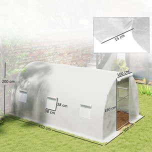 Serre tunnel 13,5 m² dim. 4,5 x 3 x 2 m - 6 fenêtres, porte zippée enroulable - acier galvanisé PE haute densité blanc