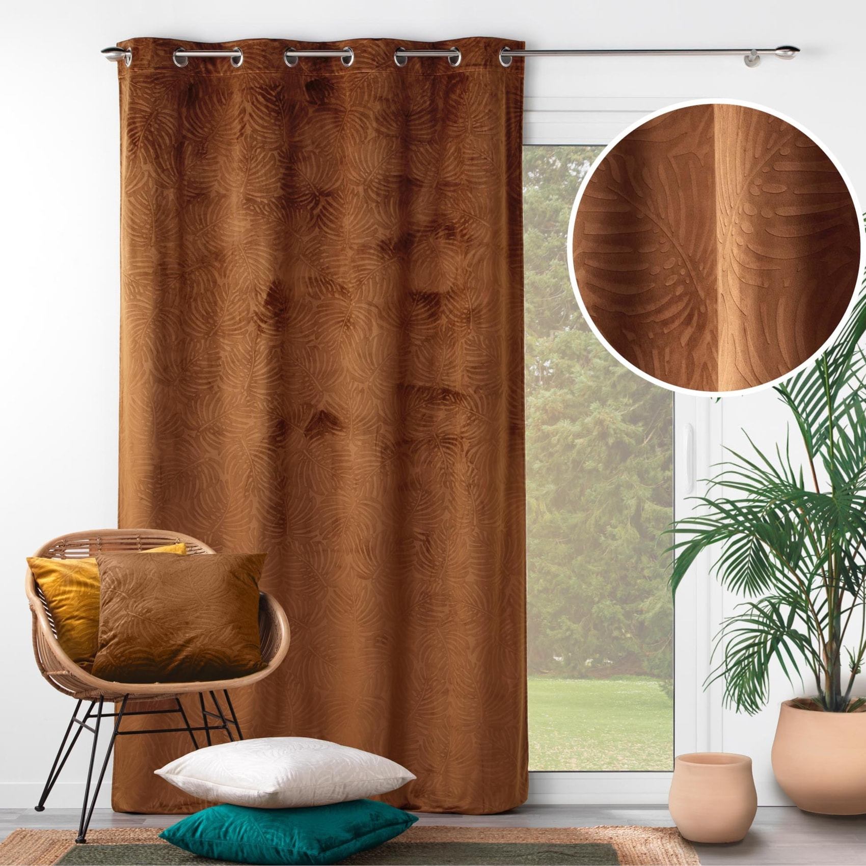 Rideau occultant en velours feuilles de monstera - Marron Clair