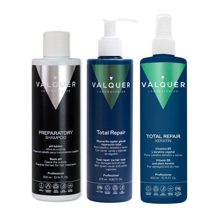 Valquer Pack cold keratin Champú preparador + Keratina + Ice Hair Mask Total Repair