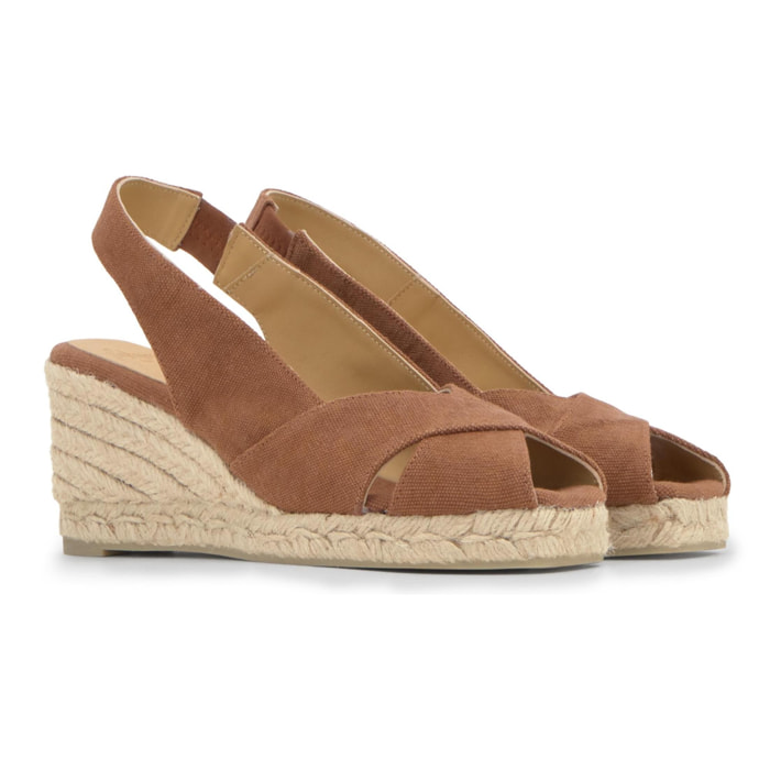 Alpargata destalonada Diana cuña de yute estilo peep toe en algodón orgánico lavado