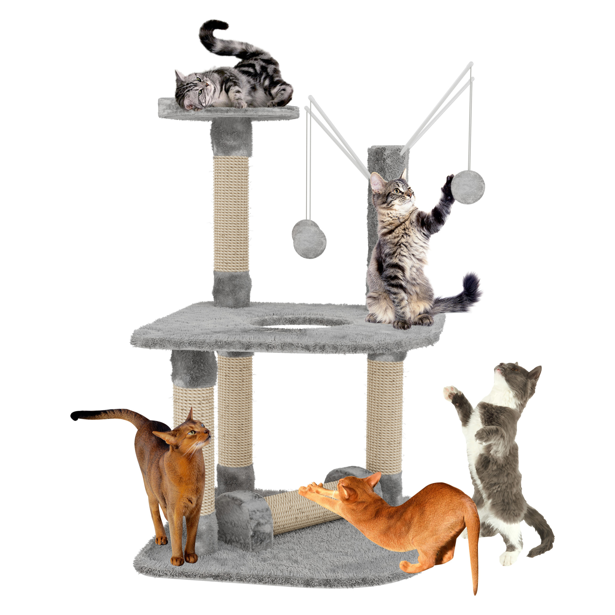 Albero per Gatto con Graffiatoio Cuccia Giocattolo Gatti Parco Giochi Tiragraffi in Sisal Naturale 90 x 45 x 45 cm (Colore Grigio Ginger 30072)