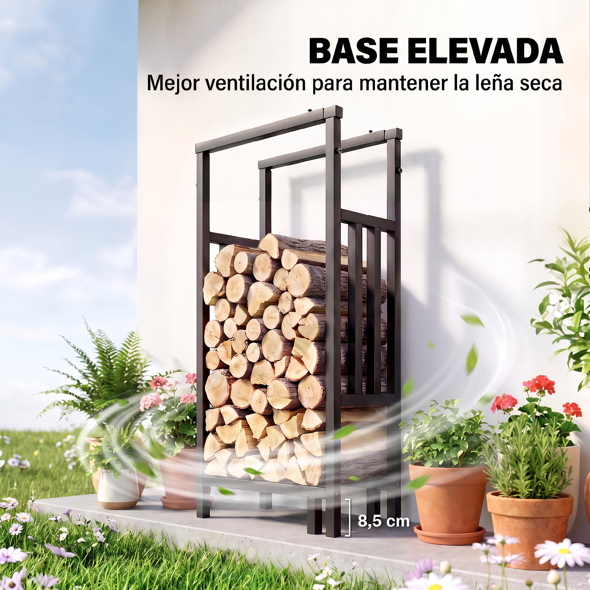 Estante de Leña de Acero Robusto, Leñero Exterior con Ancho y Alto Ajustables, Soporte para Leña de Chimenea para Interior y Exterior, Carga 100 kg, 45,5-75,5x25x98-170 cm, Negro