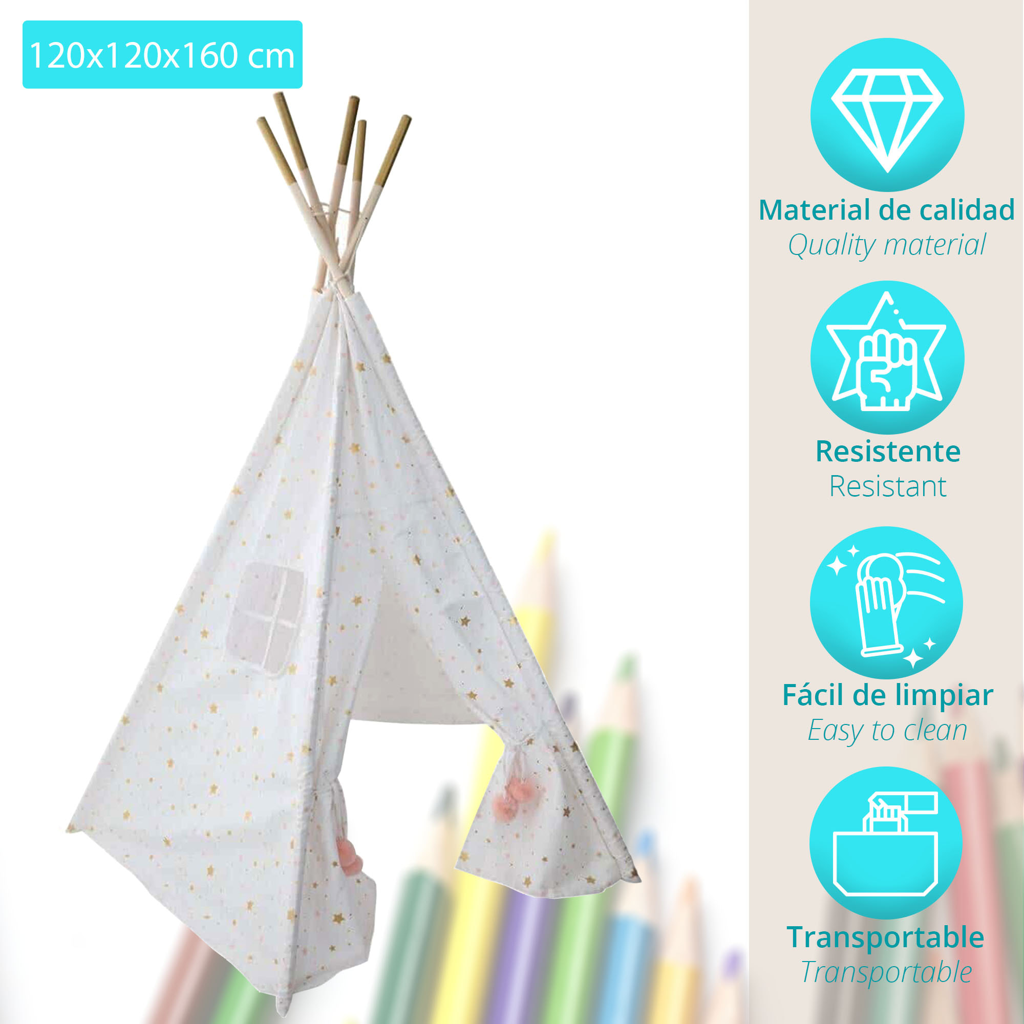 Tipi  alta gama Altura 160 cm Blanco con estrellas rosa y oro