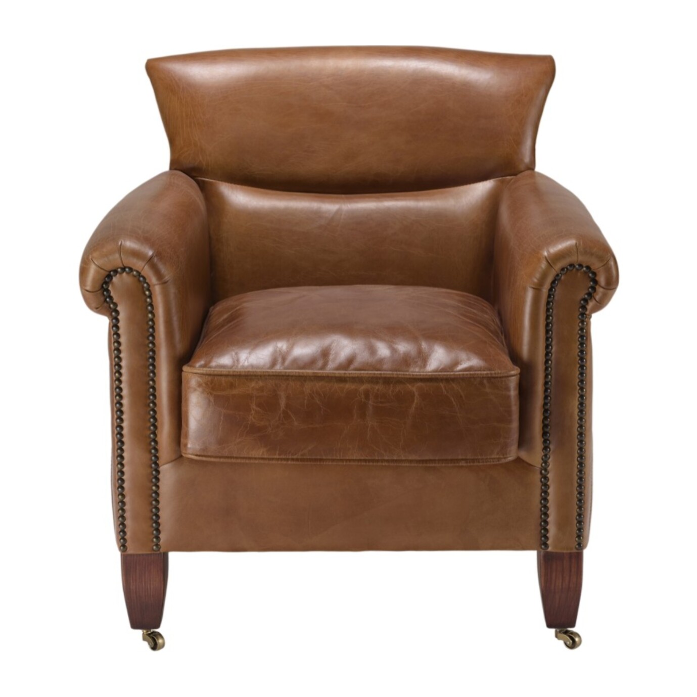 GASTON - Fauteuil marron VERONE vintage cuir pieds bois avec roulettes