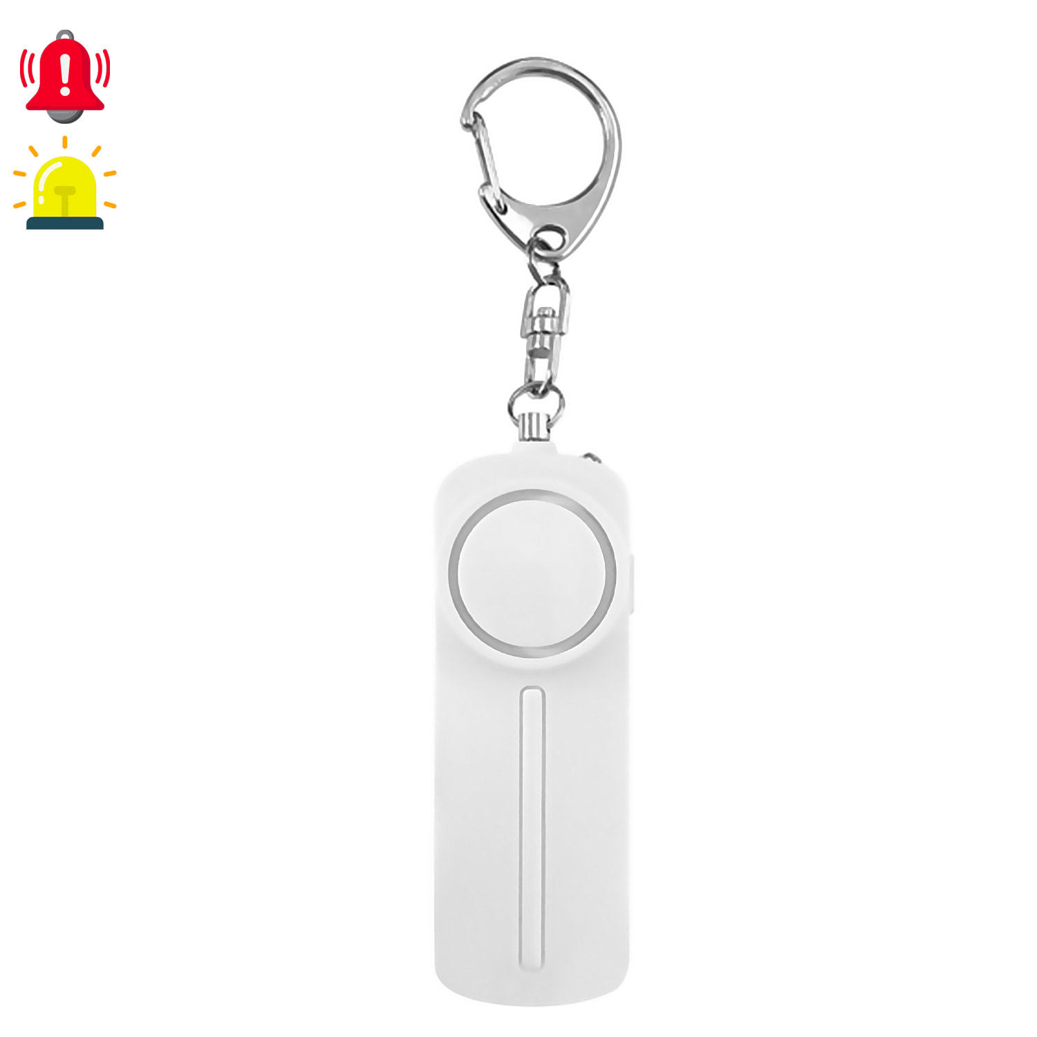 Alarma SOS personal con luz LED brillante y sonido de 130dB. 2 Pilas AAA incluidas y activación rápida por tirón de anilla.