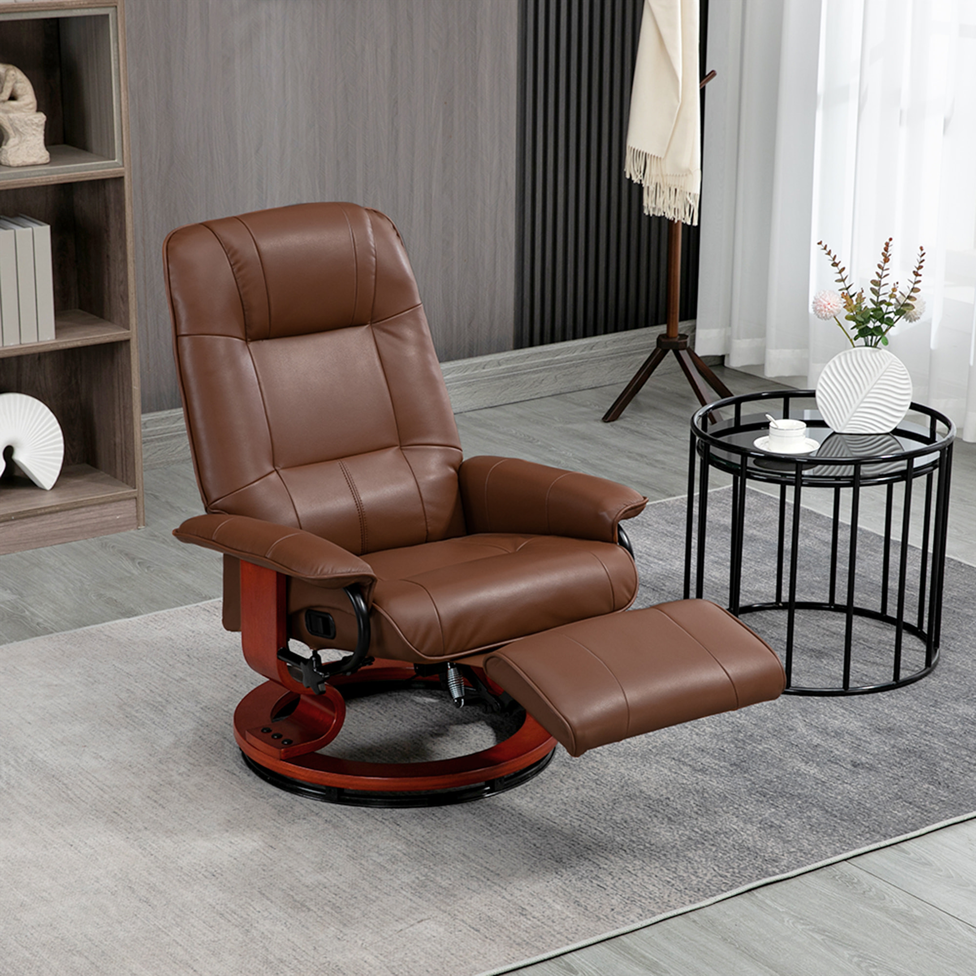 Fauteuil relax inclinable pivotant repose-pied réglable piètement bois revêtement synthétique marron