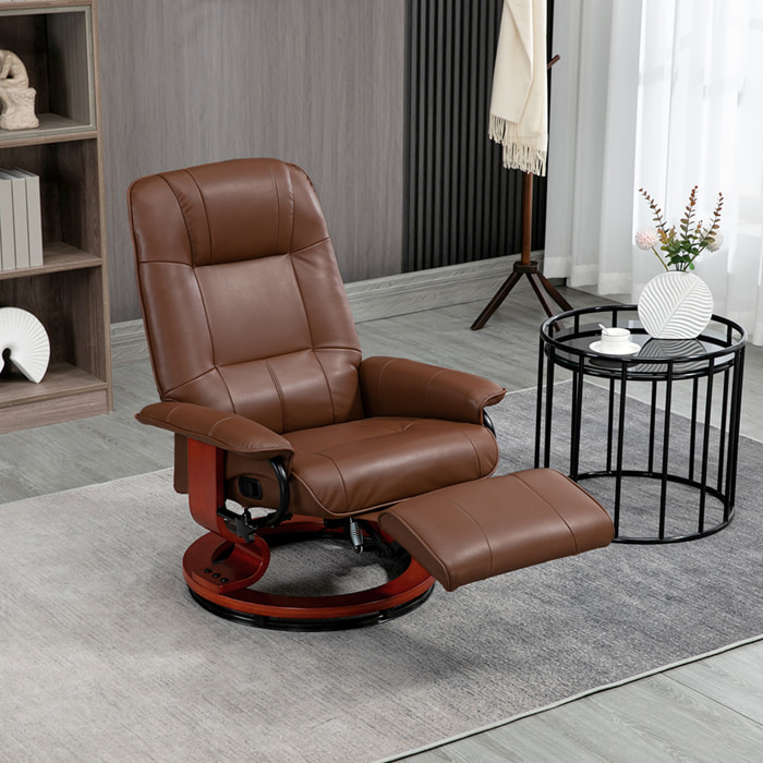 Fauteuil relax inclinable pivotant repose-pied réglable piètement bois revêtement synthétique marron