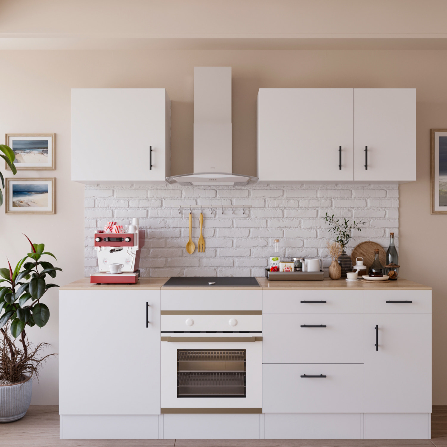 Cucina Componibile Completa Da 220 Cm Moderna con Cassetti Ammortizzati Piedini Regolabili Moduli Pensili Facile Da Installare Bianco Lucido e Rovere