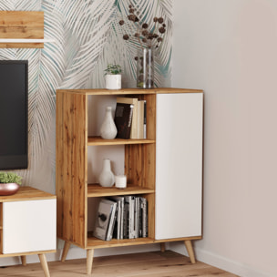 Credenza a 1 anta e 2 ripiani, Buffet con piedini, Madia da soggiorno in stile scandi, Libreria con scaffali, cm 40x90h116, colore Bianco e Acero