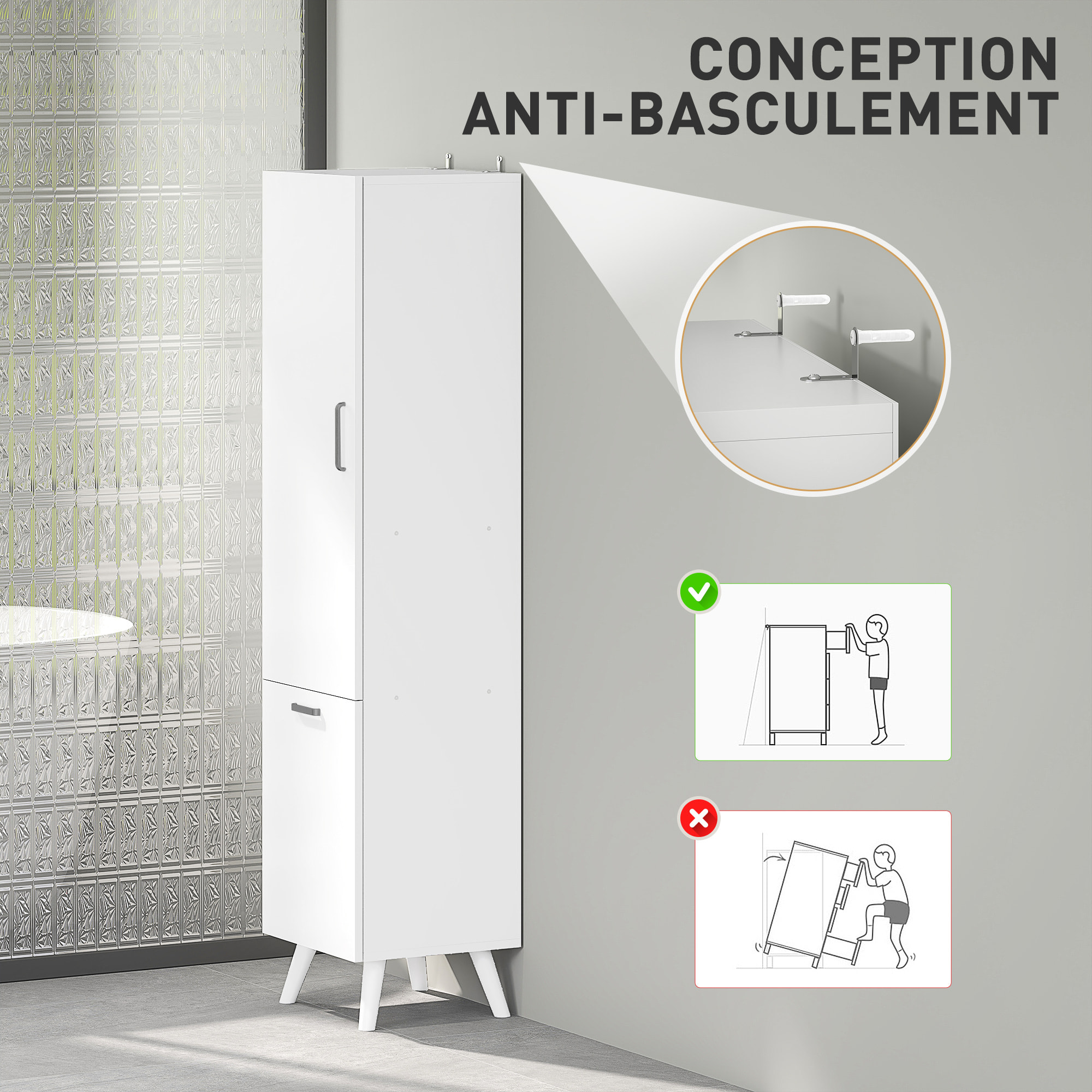 Colonne salle de bain - porte, 2 étagères, panier à linge - dim. 35 x 31,5 x 144 cm - blanc