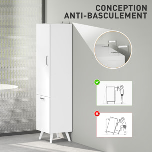 Colonne salle de bain - porte, 2 étagères, panier à linge - dim. 35 x 31,5 x 144 cm - blanc