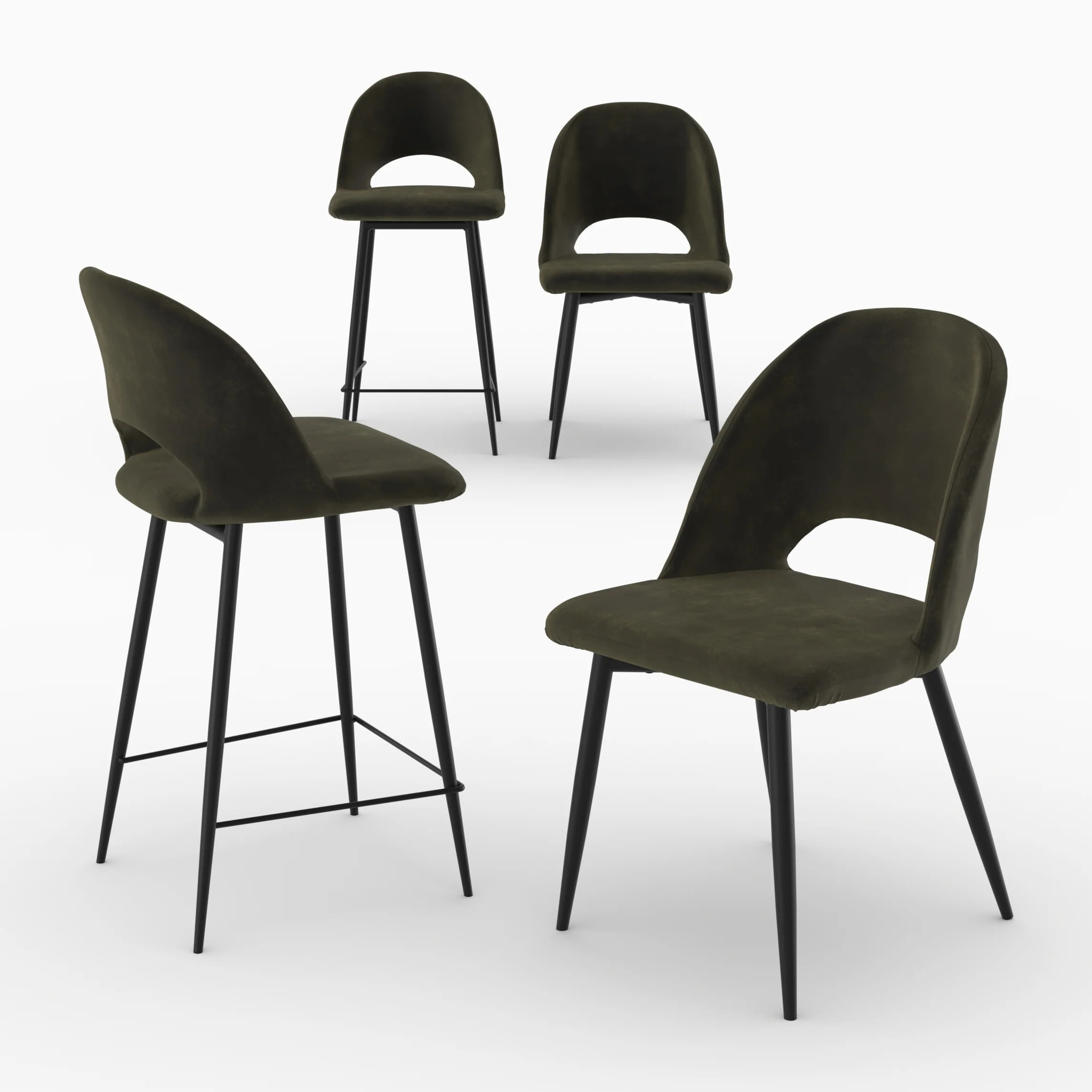 Pack 2 chaises et 2 chaises de bar 65 cm en velours vert - Pénélope