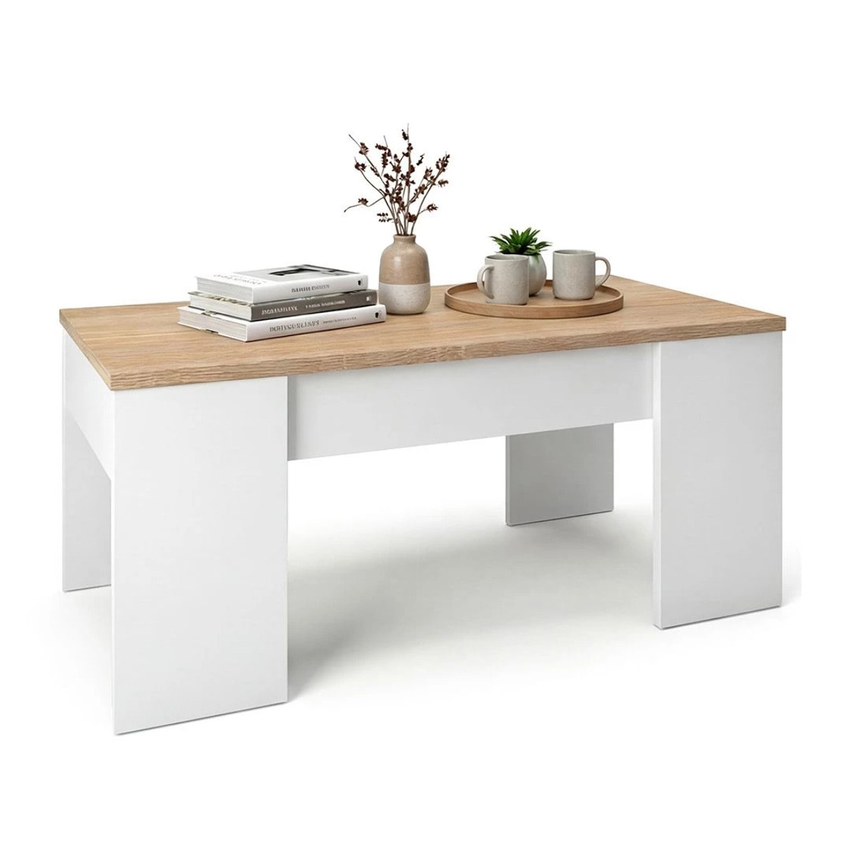 Mesa de centro elevable Vita Blanco Artik (Blanco Mate) - Roble Canadian
