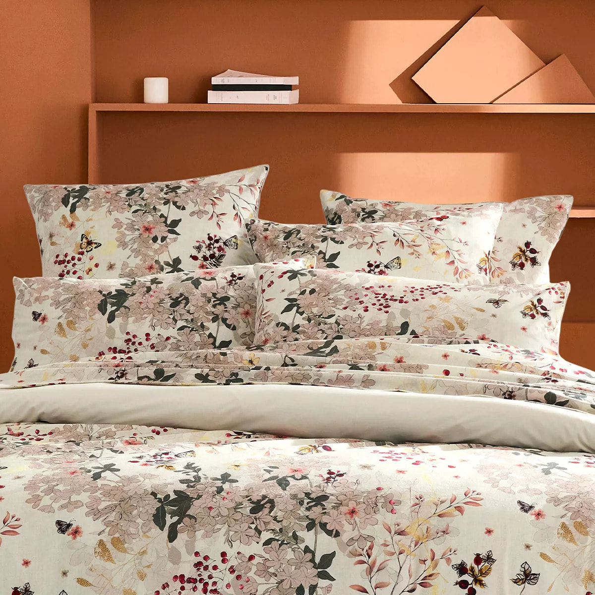 Lot de 2 taies percale de coton lavé 115 g/m² imprimé beige bordeaux Vintage flowers cranberry