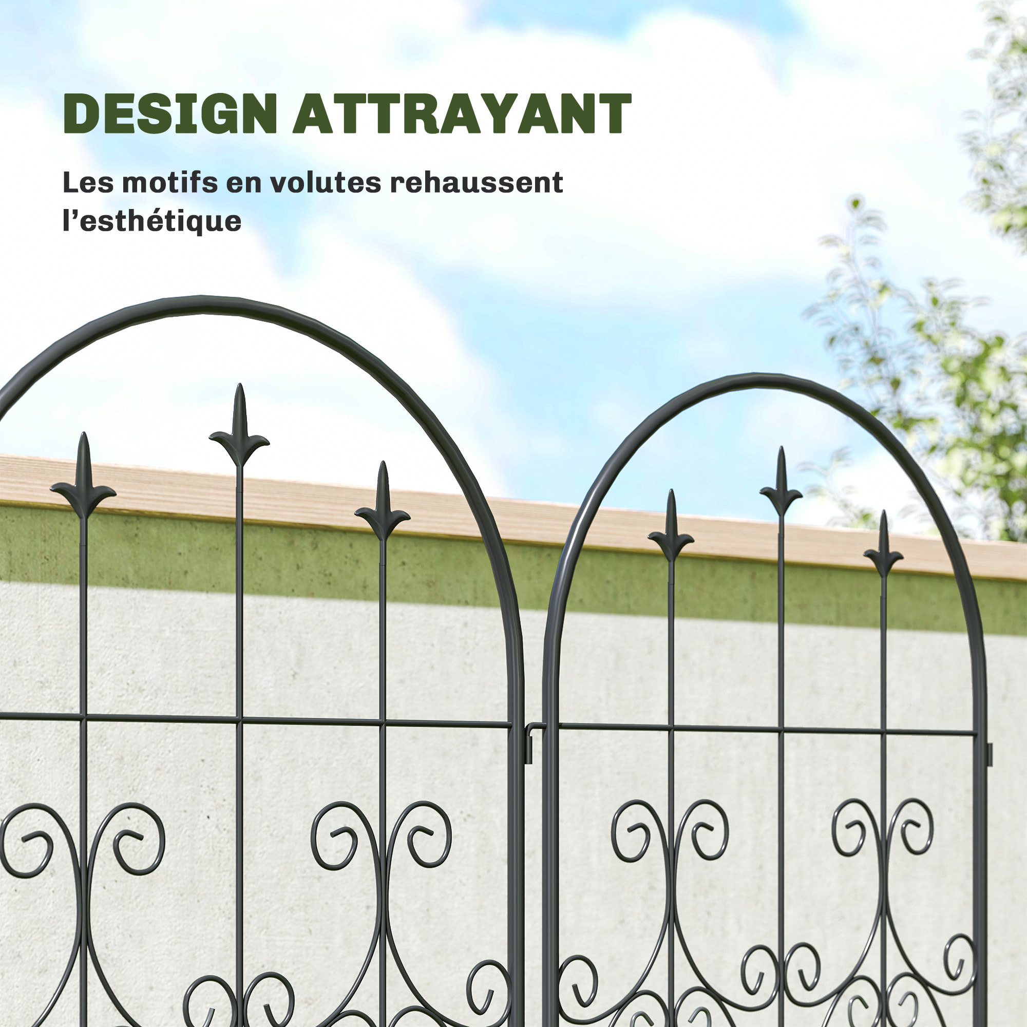 Treillis de jardin effet fer forgé pointe de fleur de lys  - 2 supports plantes grimpantes - 50 x 180 cm - métal époxy noir