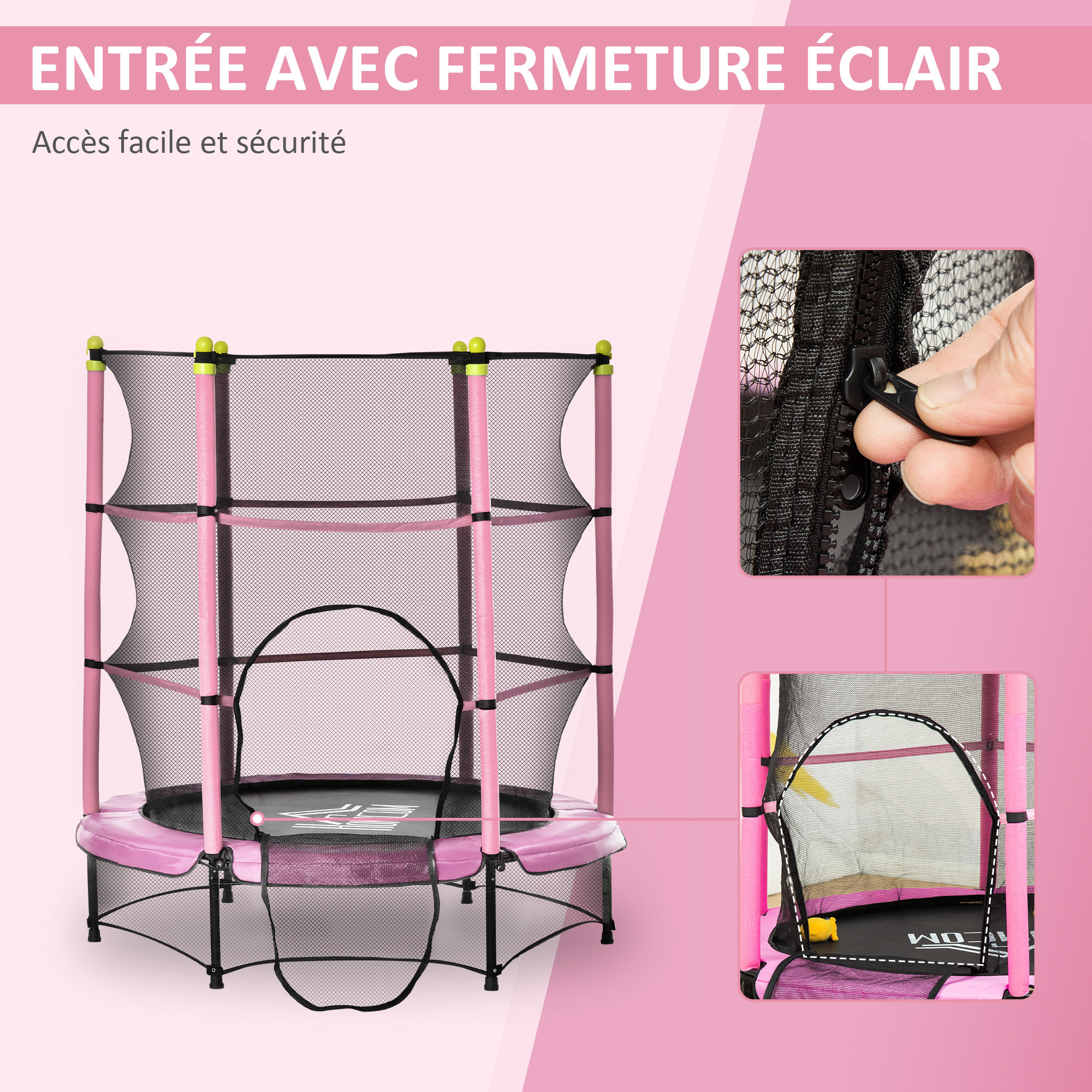 Trampoline enfant Ø 1,40 × 1,60H m filet de sécurité porte zipée couvre-ressorts 6 poteaux rembourrés inclus rose