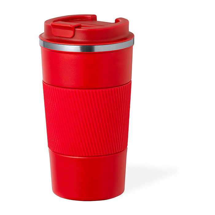 Vaso térmico en acero inox de doble pared y 400 ml de capacidad. Con dosificador en tapa y abrefácil, banda de silicona a juego y base antideslizante. Libre de BPA.