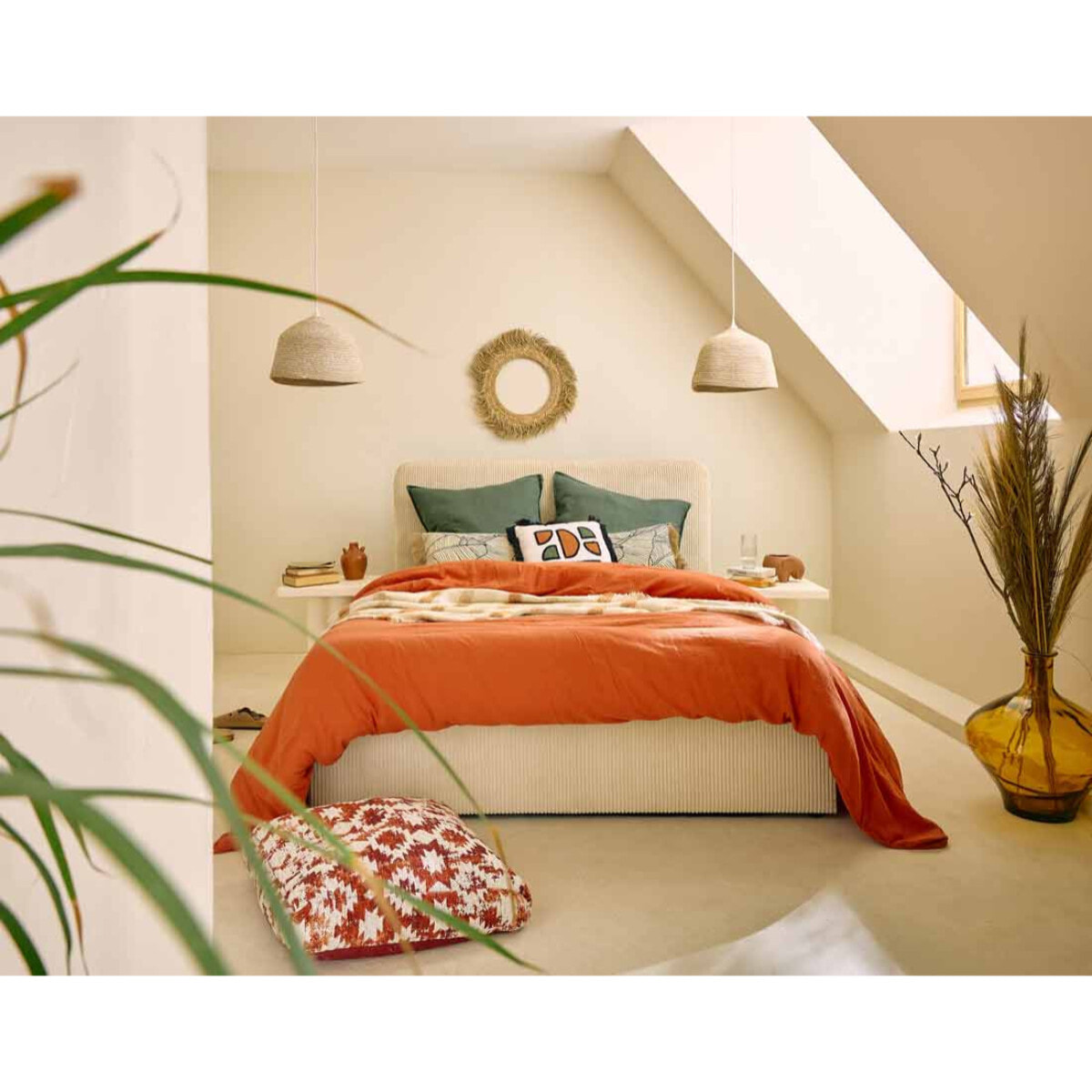 Goyave - lit coffre - 160x200 - en velours côtelé - sommier inclus - Beige