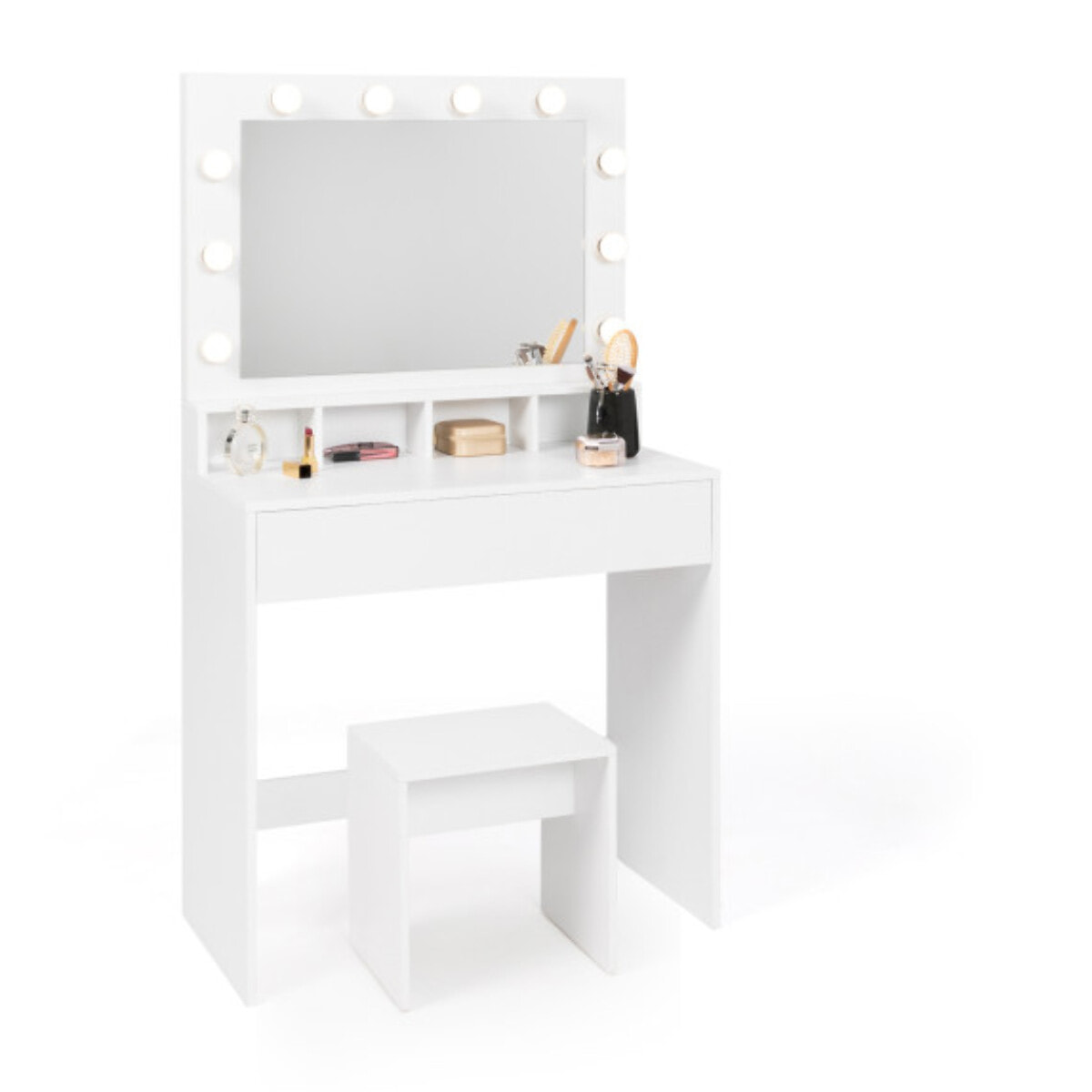 Coiffeuse Zita blanche avec miroir LED, niches, 1 tiroir et tabouret