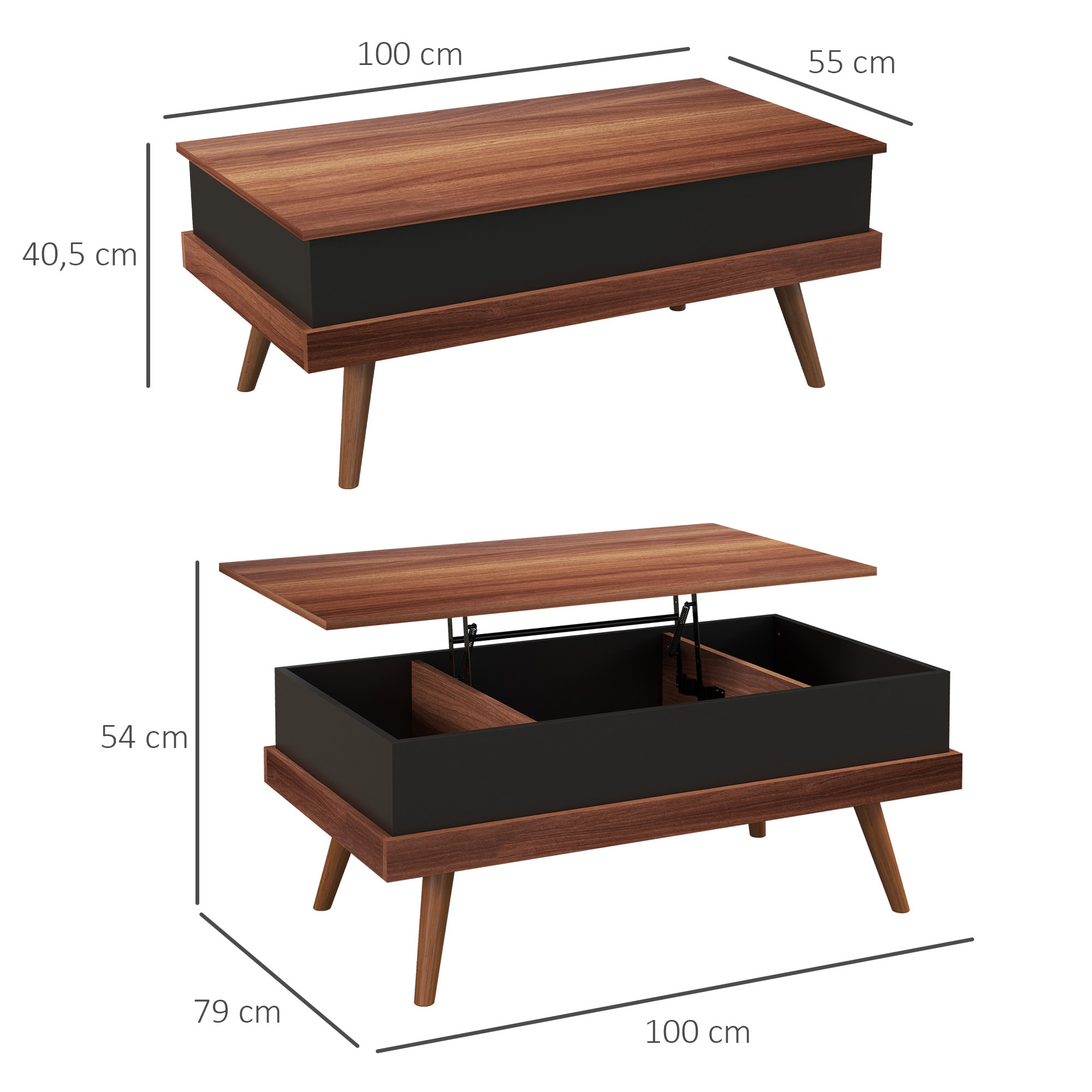 Mesa de Centro Elevable Mesita de Salón con 3 Compartimientos de Almacenaje Ocultos y Patas de Madera para Oficina Dormitorio 100x79x54 cm Marrón y Negro