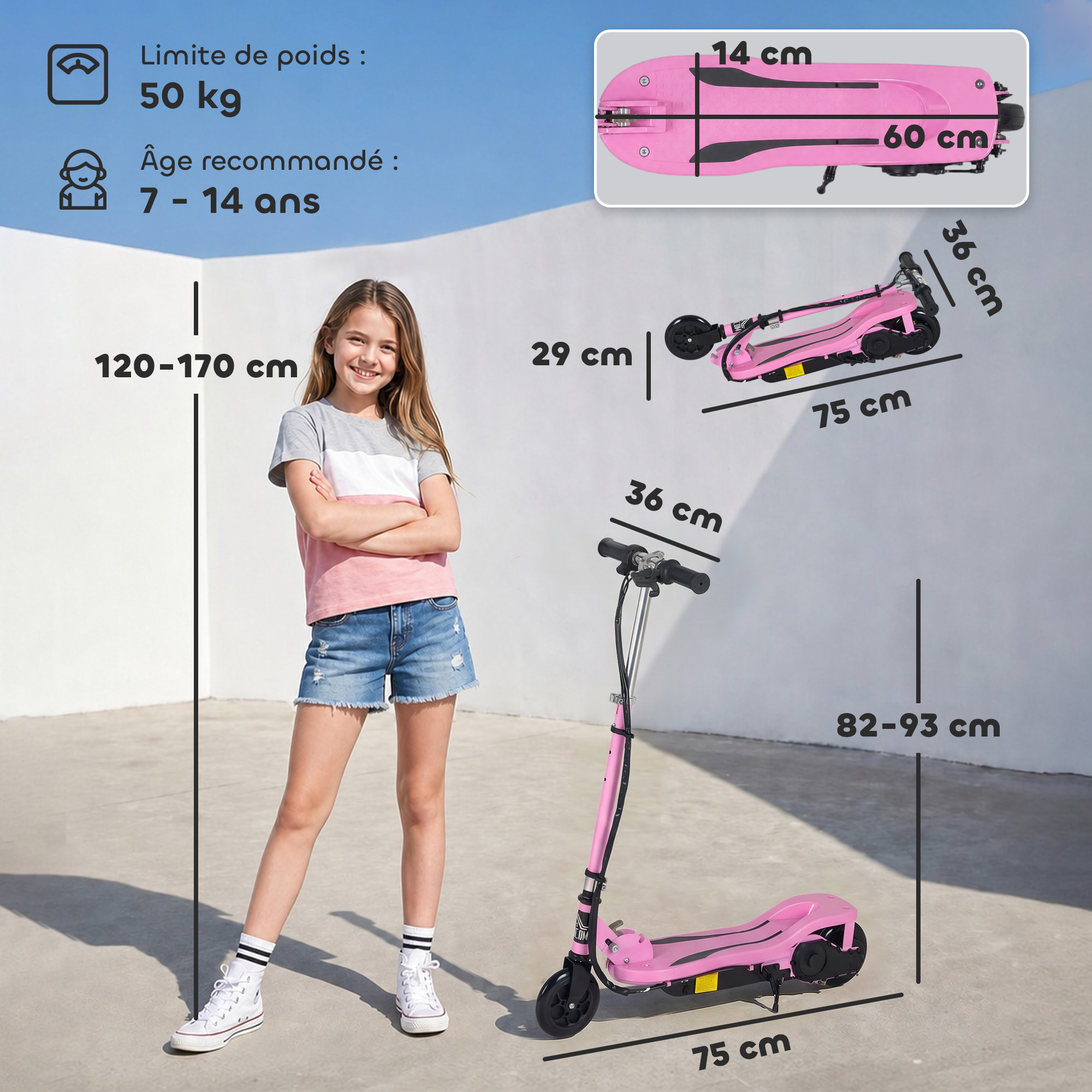 Trottinette électrique pliable enfant 7-14 ans - hauteur réglable - 120W 24V max. 12 Km/h - métal PP rose noir