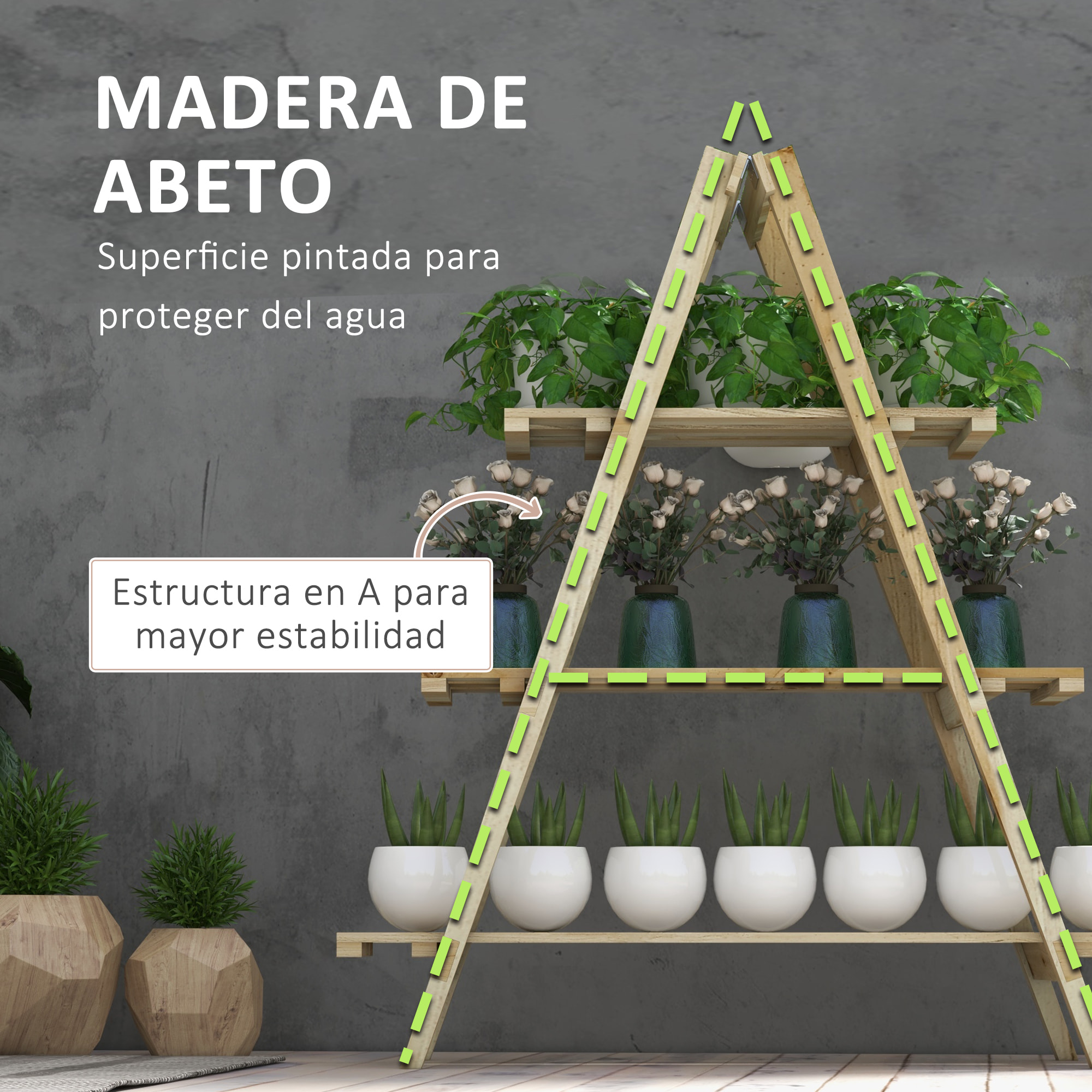 Outsunny Estantería para Plantas Plegable de Madera Soporte para Macetas de 3 Niveles con Marco en A para Exteriores Interiores Salón Jardín Balcón 100x36x112 cm Natural