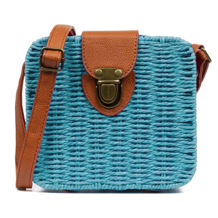 IRIA QUINTANA Borsa a tracolla da donna Empoli. Tessuto di paglia in pelle sintetica PU. 18x7x17 cm. Azzurro
